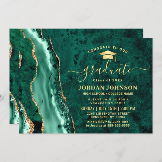 金ゴールドモダンエメラルドグリーン大理石卒業パーティー 招待状 (正面/裏面)