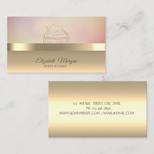 金ゴールドモダンカップケーキストロベリーベーカリー 名刺 (正面/裏面)