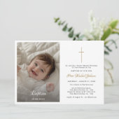 金ゴールドモダンカトリック宗教乳児洗礼写真 招待状 (スタンド正面)