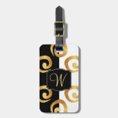 金ゴールドモダンカール模様モノグラムカスタム付き ラゲッジタグ (正面縦)