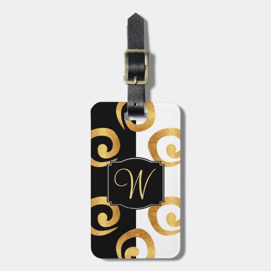金ゴールドモダンカール模様モノグラムカスタム付き ラゲッジタグ (正面縦)