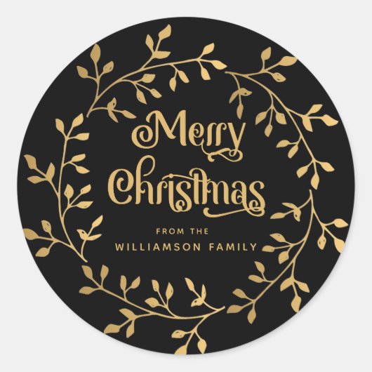 金ゴールドモダンクリスマスリースブラック封筒用シール ラウンドシール (正面)