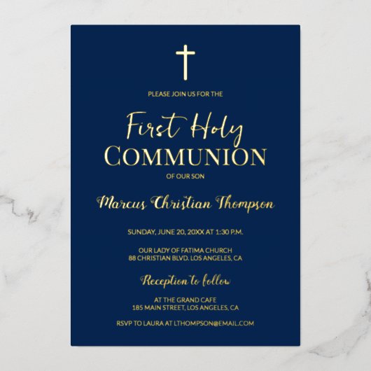 金ゴールドモダンクロスブルー最初の聖餐式 箔招待状 (正面)