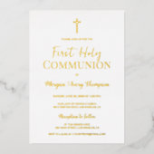 金ゴールドモダンクロス白最初の聖餐式 箔招待状 (正面)