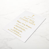 金ゴールドモダンクロス白最初の聖餐式 箔招待状 (回転した状態)