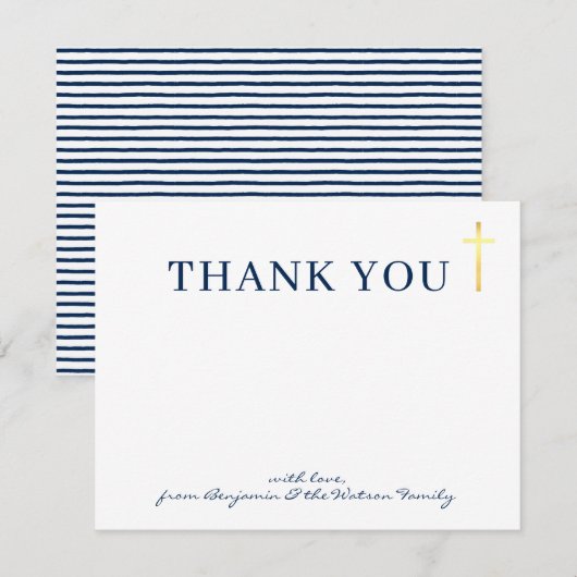金ゴールドモダンクロス聖バプテスマのネイビー感謝していブルーユー 招待状 (正面/裏面)