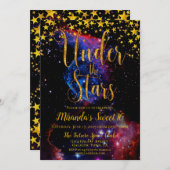 金ゴールドモダングリッターアンダーザスターズバースデーパーティー 招待状 (正面/裏面)