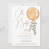 金ゴールドモダングリッターオレンジバルーンOh baby shower 招待状 (正面)