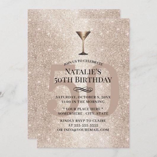 金ゴールドモダングリッターカクテルガール50誕生日 招待状 (正面/裏面)