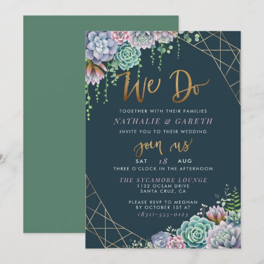 金ゴールドモダングリッタースクリプ結婚トとSucculentsの 招待状 (正面/裏面)