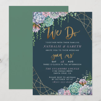金ゴールドモダングリッタースクリプ結婚トとSucculentsの 招待状