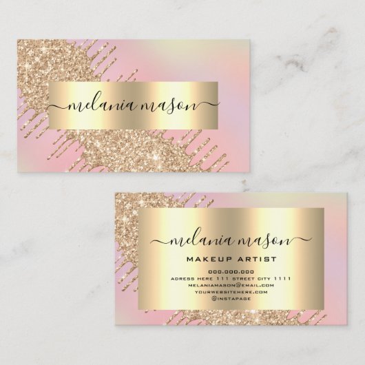 金ゴールドモダングリッタードリップスメイクアップアーティストピンク 名刺 (正面/裏面)