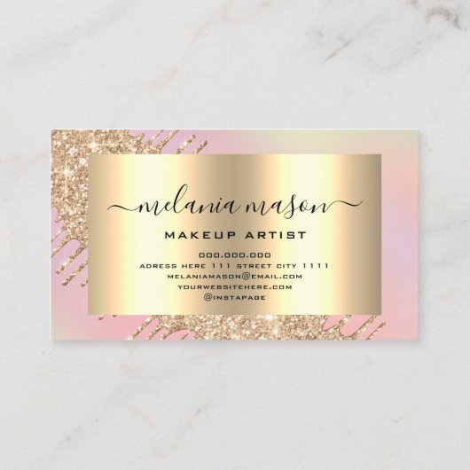 金ゴールドモダングリッタードリップスメイクアップアーティストピンク 名刺 (裏面)