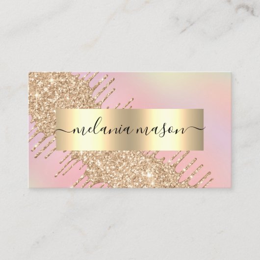 金ゴールドモダングリッタードリップスメイクアップアーティストピンク 名刺 (正面)
