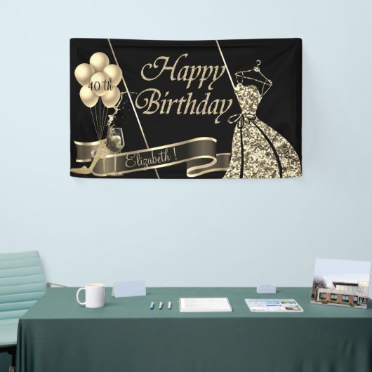 金ゴールドモダングリッタードレスバルーン、ガラス、ハイヒール 横断幕 (トレードショー)