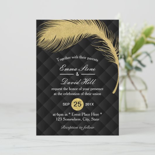 金ゴールドモダングリッターピーコックフェザーラグジュアリー結婚ズ 招待状 (スタンド正面)
