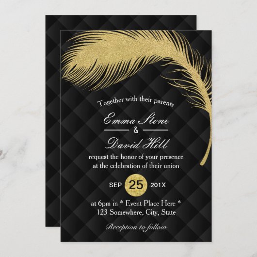 金ゴールドモダングリッターピーコックフェザーラグジュアリー結婚ズ 招待状 (正面/裏面)