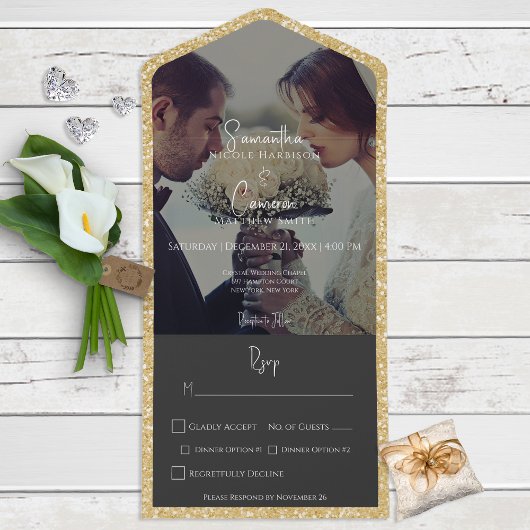 金ゴールドモダングリッターブラックフォトディナー オールインワン招待状