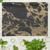 金ゴールドモダングリッターブラックマーブル キッチンタオル (折り畳み)