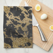 金ゴールドモダングリッターブラックマーブル キッチンタオル (四つ折り)