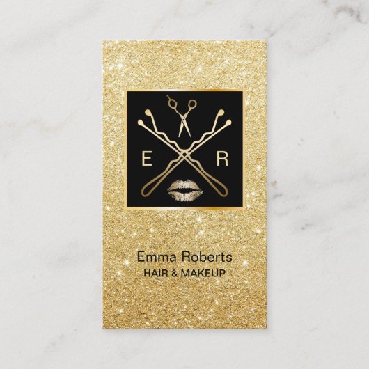 金ゴールドモダングリッターヘア&メイクアップアーティストサロン 名刺 (正面)