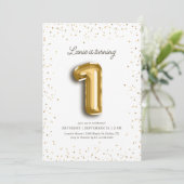 金ゴールドモダングリッターホイルバルーン1st誕生日 招待状 (スタンド正面)