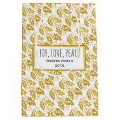 金ゴールドモダングリッターホリーベリークリスマスホリデー ミディアムペーパーバッグ (正面)