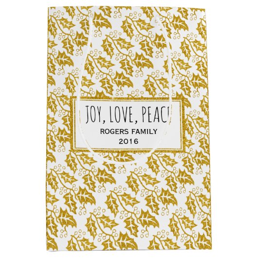 金ゴールドモダングリッターホリーベリークリスマスホリデー ミディアムペーパーバッグ (正面)