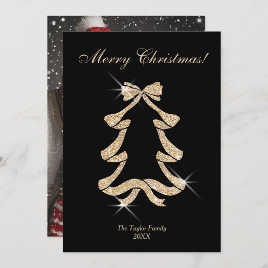 金ゴールドモダングリッターボウクリスマスツリー写真 シーズンカード (正面/裏面)
