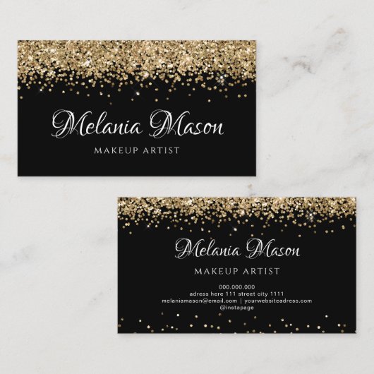 金ゴールドモダングリッターメイクアップアーティストブラックエレガント 名刺 (正面/裏面)