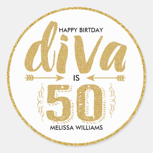 金ゴールドモダングリッター文字-Diva Is 50ハッピーバースデー ラウンドシール (正面)