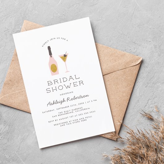 金ゴールドモダングリッター&ピンクカクテルブライダルシャワー インビテーションポストカード