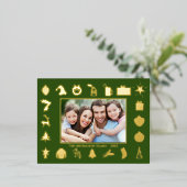 金ゴールドモダングリーンフォトクリスマス 箔シーズンポストカード (立ち正面)