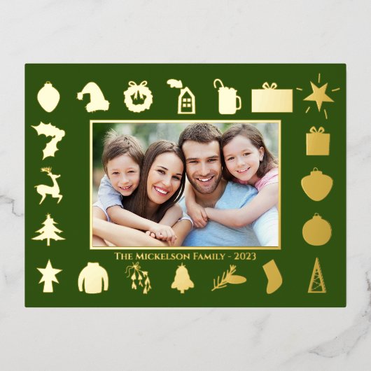 金ゴールドモダングリーンフォトクリスマス 箔シーズンポストカード (正面)