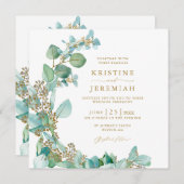 金ゴールドモダングリーンユーカリ水の色結婚の 招待状 (正面/裏面)