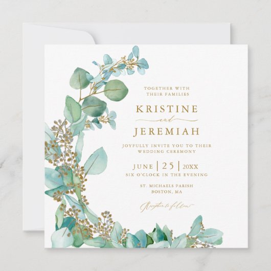 金ゴールドモダングリーンユーカリ水の色結婚の 招待状 (正面)
