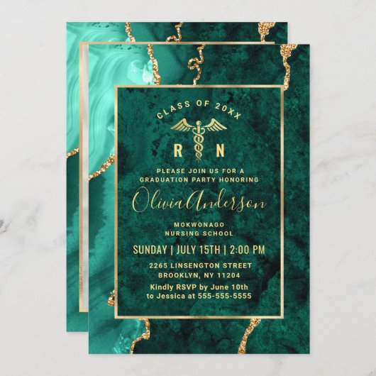 金ゴールドモダングリーン看護学校卒業党 招待状 (正面/裏面)