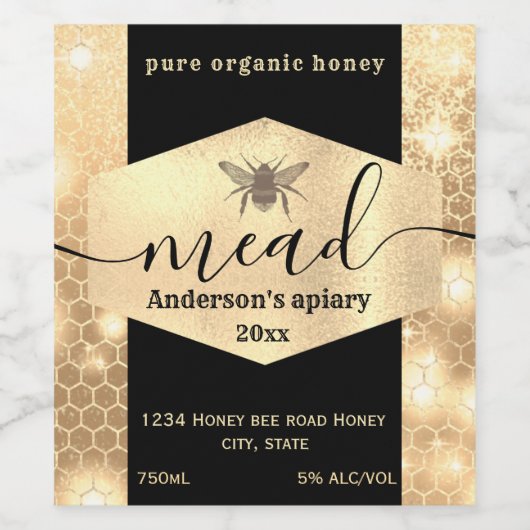 金ゴールドモダンコームmead honey bee wine ワインラベル (シングルラベル)