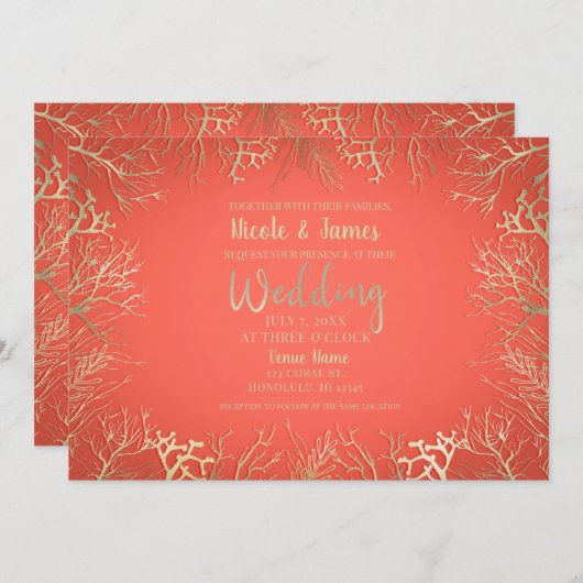金ゴールドモダンコーラルオレンジエレガントビーチ結婚式 招待状 (正面/裏面)