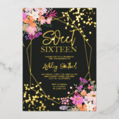 金ゴールドモダンシックフローラ水色写真Sweet 16 箔招待状 (正面)