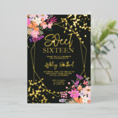 金ゴールドモダンシックフローラ水色写真Sweet 16 箔招待状 (立ち正面)