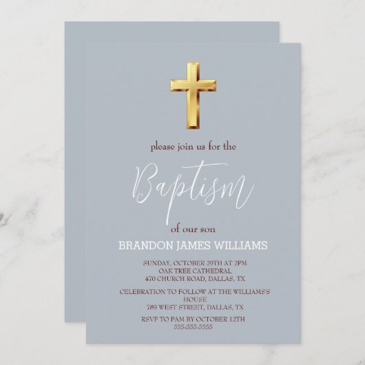 金ゴールドモダンシンプルダスティブルークロスバプテスマ 招待状 (正面/裏面)