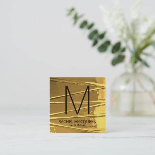 金ゴールドモダンジグザグフォイルモノグラムロゴ スクエア名刺 (スタンド正面)