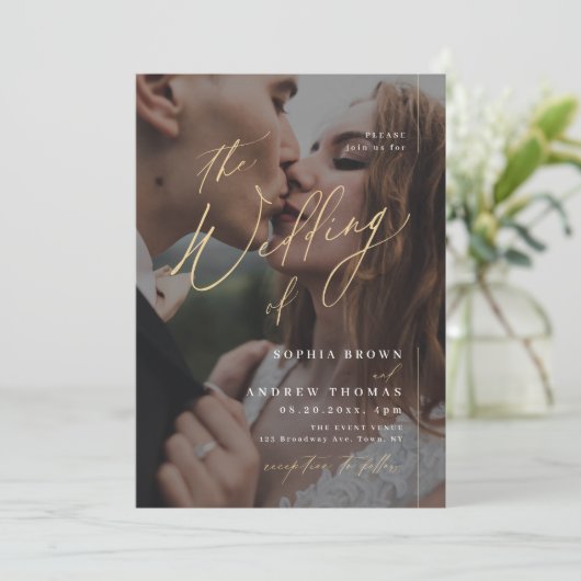 金ゴールドモダンスクリプトのミニマ結婚リスト 招待状 (スタンド正面)