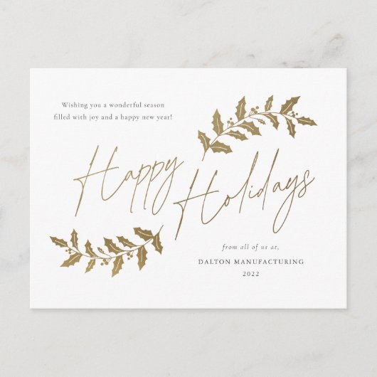 金ゴールドモダンスクリプトハッピーホリデーズビジネス シーズンポストカード (正面)
