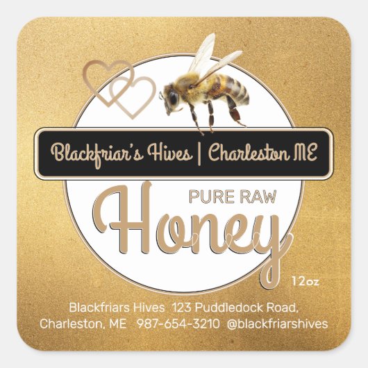 金ゴールドモダンスクリプトハニーとミツバチ スクエアシール (正面)