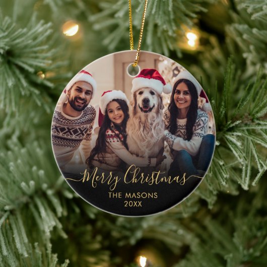 金ゴールドモダンスクリプトブラック2フォトメリークリスマス セラミックオーナメント (ツリー)