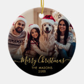 金ゴールドモダンスクリプトブラック2フォトメリークリスマス セラミックオーナメント (正面)