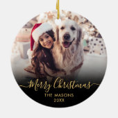 金ゴールドモダンスクリプトブラック2フォトメリークリスマス セラミックオーナメント (裏面)