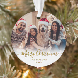 金ゴールドモダンスクリプトホワイト2フォトメリークリスマス オーナメント
